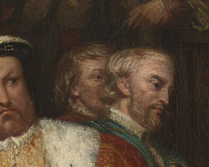 Painting. Detail view of two pale-skinned faces with blond hair facing our right in profile. The front edge of one is hidden behind the head of the other man, who stands in front of him.
