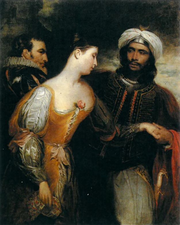 Painting. A woman and two men shown from the thighs up fill this composition. A man with a dark complexion and black hair leads a pale-skinned woman by the hand. Another man behind the woman and to our left, also with pale skin, turns and looks over his shoulder at the pair.