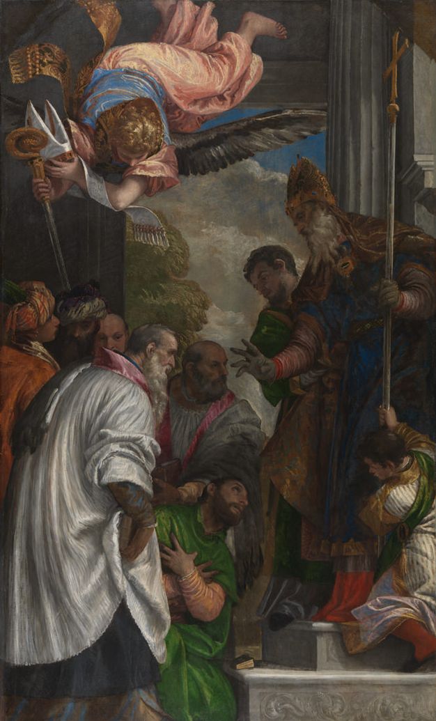 Painting. Eight men, one child, and one winged angel fill this vertical composition. They all have pale skin and wear robes in saturated jewel tones. A man in spring green kneels with hands crossed over his chest in front of another man, with a white beard and a pointed gold mitre hat.
