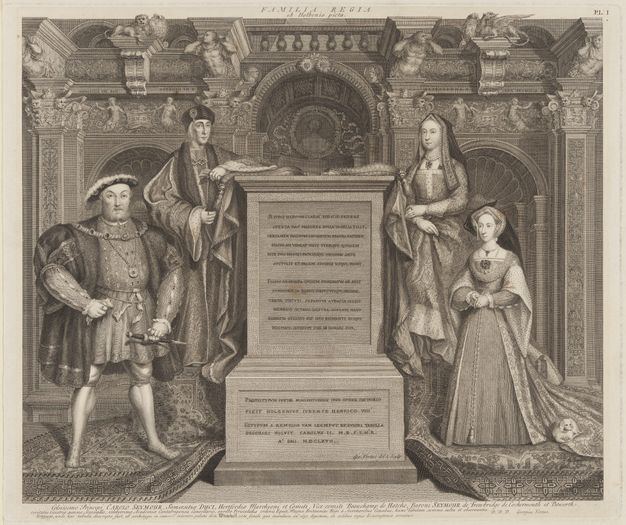 Print. Two men and two women stand on either side of stone monument carved with words on the front face. Patterned carpets drape down the sides underfoot, and the room is elaborately carved with ornament.