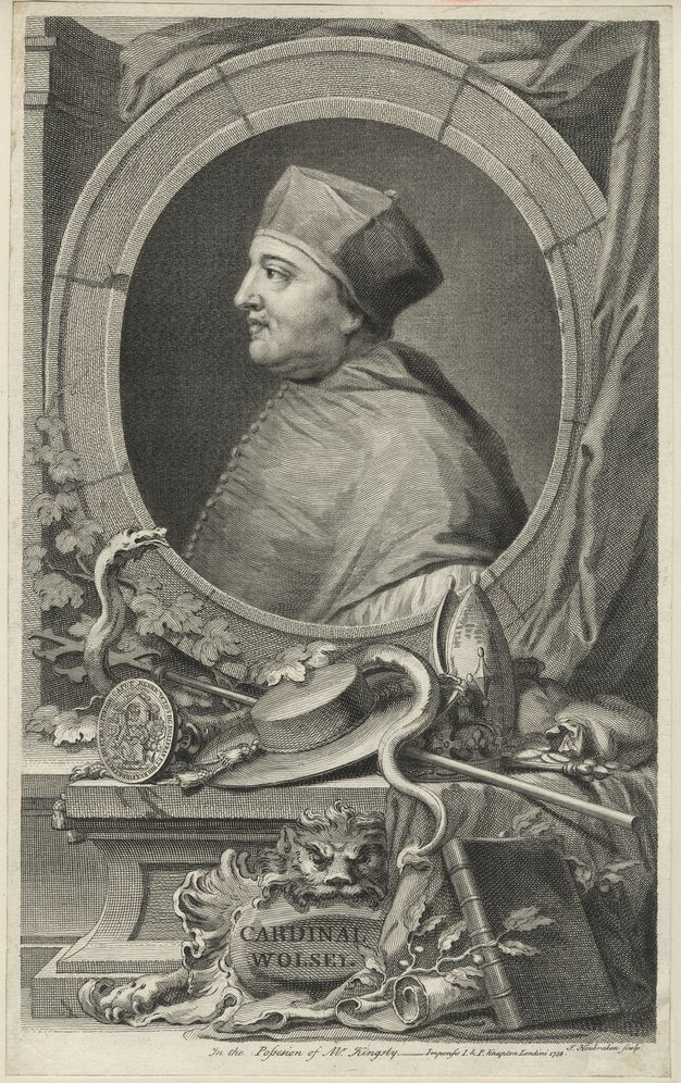 Print. Shown from the chest up in an oval frame, a clean shaven, heavily jowled man faces our left in profile. He wears a squared cap, and his robe has a long row of buttons down the front. The frame appears to be carved from stone and is piled with objects.