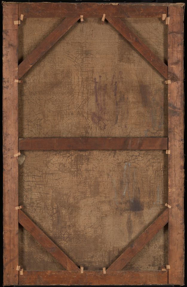 Back view of a canvas on a wooden stretcher.