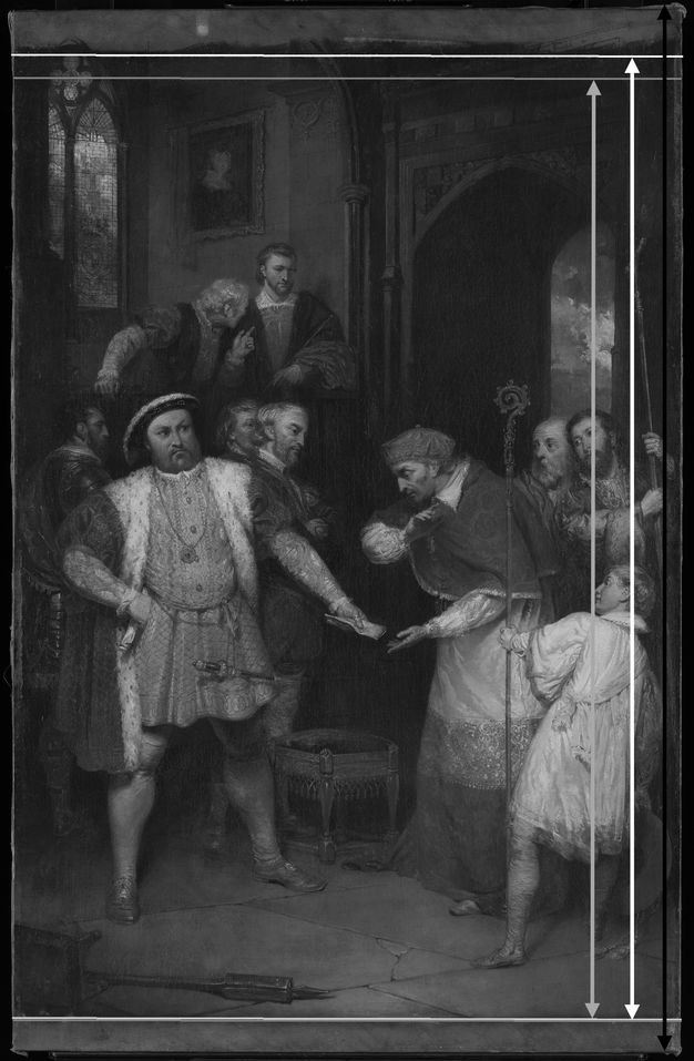 Painting with diagram. Black and white reproduction of one man, Henry VIII, handing a piece of paper to another dressed in cardinal’s robes, Thomas Wolsey. Three arrows along the right edge point to different heights.