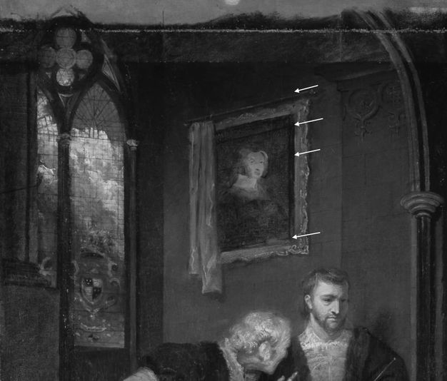 Infrared photograph. Detail view of a portrait hanging on the back wall of a painting. A curtain is pulled to one side. Four white arrows point to black lines spanning portrait.