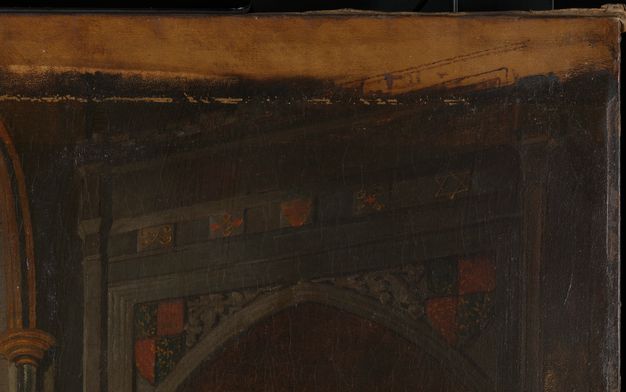 Painting. Detail view of the top edge of a doorway. Black lines continue from the door’s moulding into an unpainted strip across the top of the canvas.