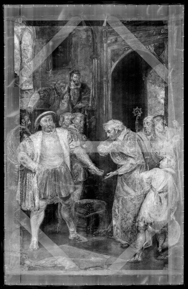 X-radiograph. In slightly hazy black and white, a man, Henry VIII, hands a piece of paper to Thomas Wolsey, who wears cardinal’s robes. The structure of the stretcher and the nails around the edges are also visible.