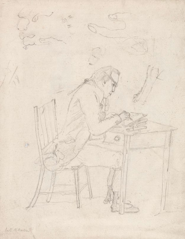 Drawing. A man leans forwards in a wooden chair as he sketches at a small table. The tails of his coat bunch on the seat of the chair, and he looks down through glasses.