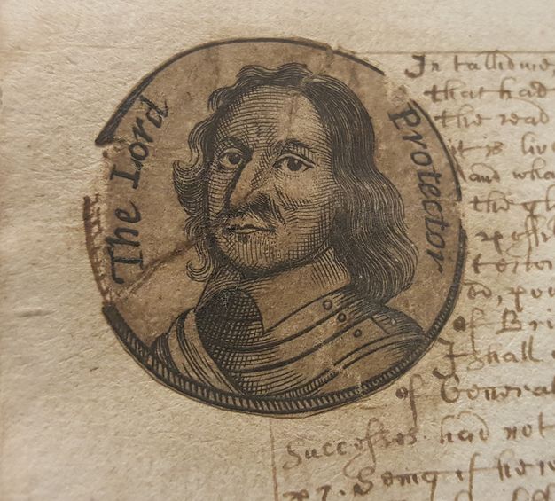 Print. The head and shoulders of a moustached man wearing an armour breastplate over a high white collar in a circular portrait. Text around the edges reads, “The Lord Protector”.