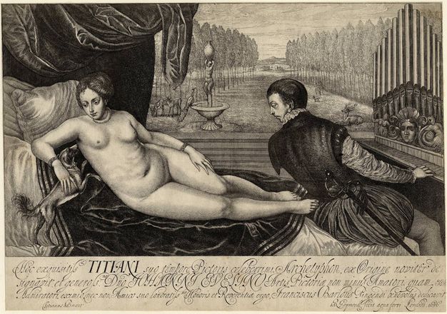 Print. A nude woman lies across dark drapery, propping up her body with one elbow, that hand touching a small dog. At the foot of her bed, a man wearing a jerkin over crinkled sleeves, puffy pantaloons, and stockings plays an organ. He leans back to look at her. The background opens into a deep landscape lined with trees.