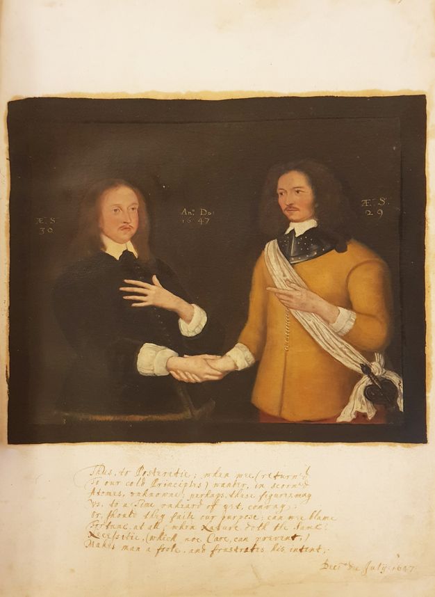 Painting. Shown from the hips up against a dark background, two pale-skinned men clasp hands. They both have long hair and moustaches. Inscriptions in gold are painted to either side of and between the two men. A verse is penned below.