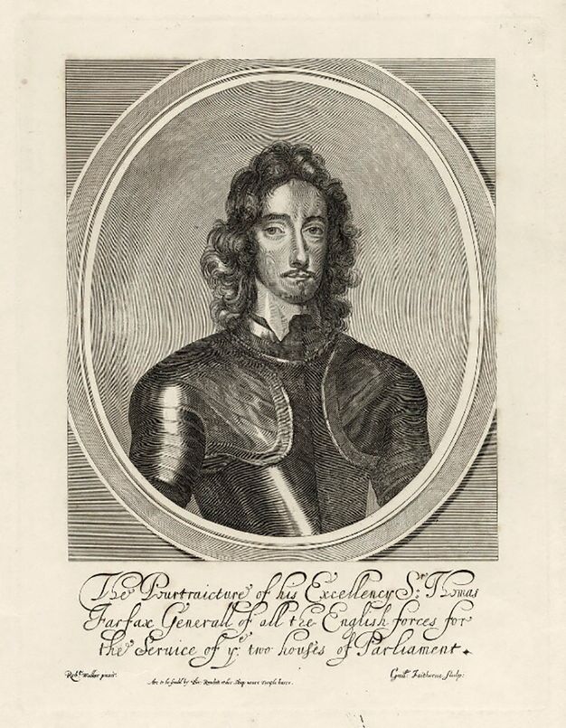 Print. A man wearing armour is shown from the chest up in an oval frame. He has long curly hair, an oval face, and a pointed goatee. Text is inscribed below.