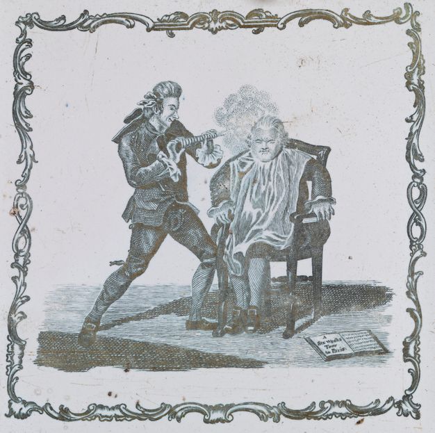 Tile. In grey against a white ceramic background, a chubby man has his hair or wig sprayed by a grinning thin man wearing a suit. The man receiving treatment has his eyes screwed shut, hands braced against the arms of his chair, and his clothing is covered by a sheet. A swirling frame surrounds the scene.