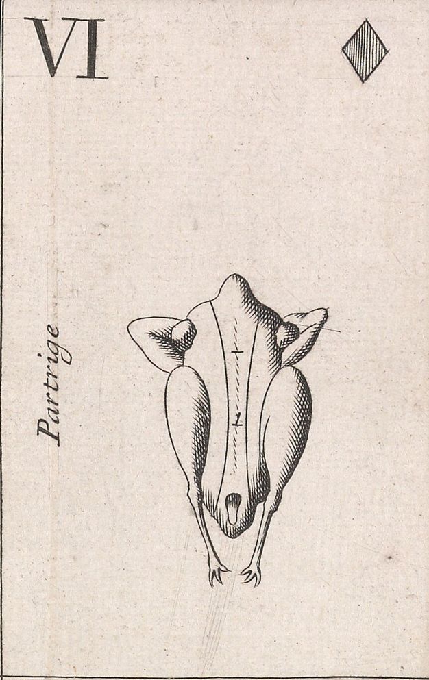 Playing card. A six of diamonds is illustrated with dressed poultry labelled “Partridge”.
