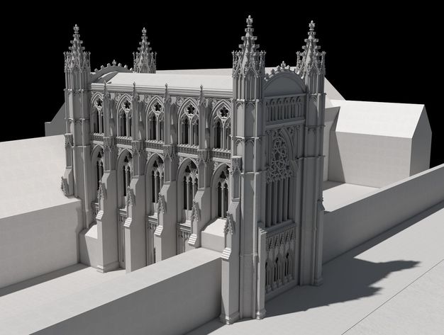 Digital visualization. Grey rendering of the exterior of a chapel with the buildings around it blocked in. The reconstruction shows that the top level of the outer skin of the structure is open window spaces, with the actual stained glass tucked inside.