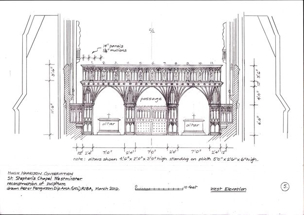 Plan. Elevation drawing shows a structure with three pointed arched openings under a rood loft. The centre opening is labelled “passage”, and altars sit in the other two. Dimensions are written around the drawing.