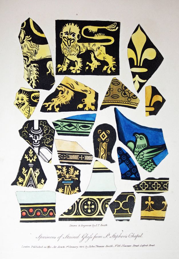 Illustration. Twenty-one fragments of stained glass are painted variously in yellow and black, blue and green, white and yellow against black, and one has red dots in an ornamental pattern. Some of the images include heraldic lions, fleur-de-lis, a bird, and geometric patterns.