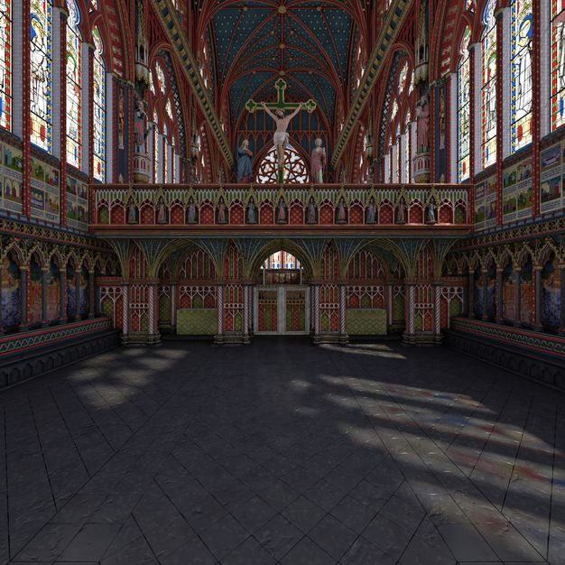Digital visualization. Nearly every surface of this hall-like structure is covered in ornament, carving, pattern, colour, or stained glass. A choir screen blocks our view down the length of the chapel, but a round rose window is glimpsed above the rood loft of the choir screen.