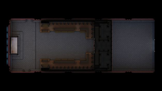 Digital visualization. We look down onto the footprint of a cathedral, which has rows of seating lining the walls behind a screen that separates the entrance from the altar, to our left.