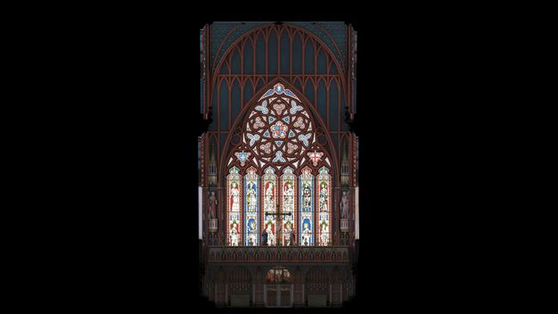 Digital visualization. A pointed arch has six columns of stained glass under a round, rose window. The window is under a higher, rounded arch filled with more pointed arches. That framing is painted red against blue.