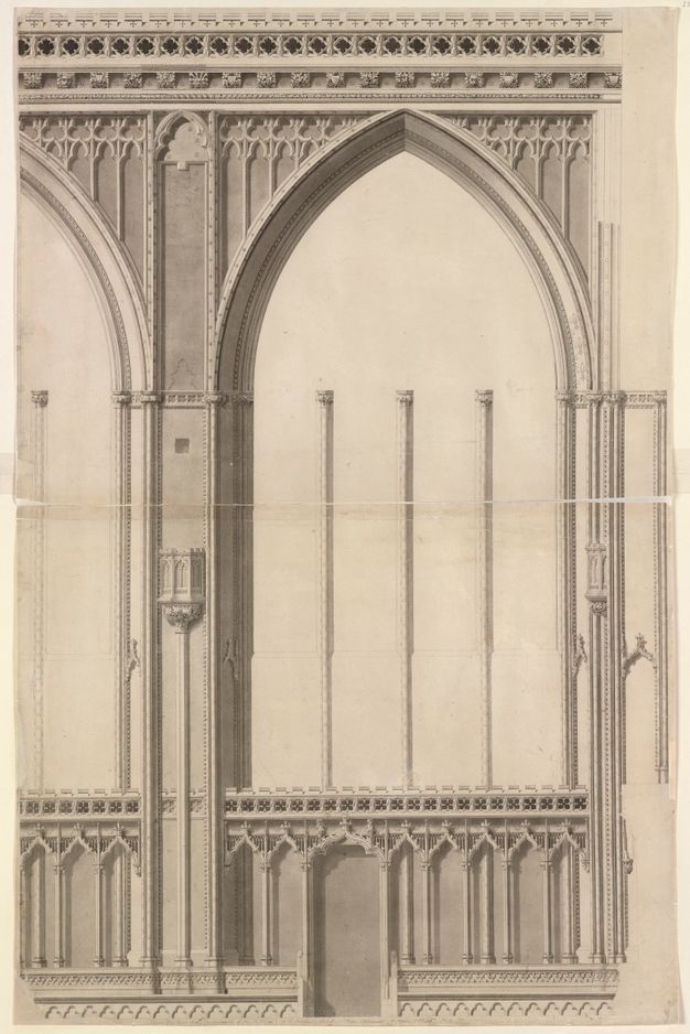 Drawing. This elevation shows a pointed arched opening about three times as tall as a door on the level below. Three columns, which float unconnected here, would have held up arches nested within this one.