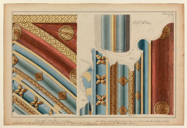 Drawing and watercolour. Detailed drawings of bands of moulding and ornament are painted in burgundy red, topaz blue, and gold. Each is labelled with script, and an inscription is below.