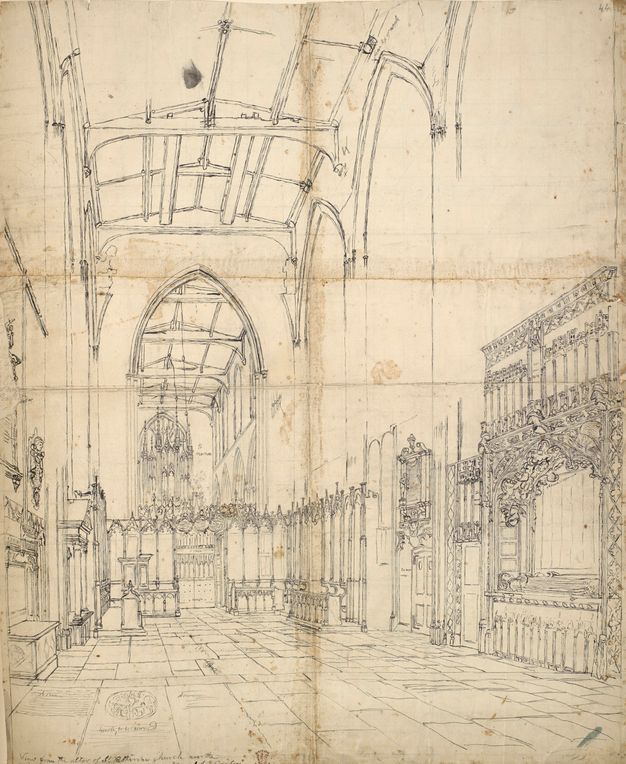 Drawing. The lower level of a long nave of a church is drawn in precise detail. Unevenly sized rectangular paver stones lead to a choir screen that cuts off our view down the nave, though the structure of the roof has been sketched in.