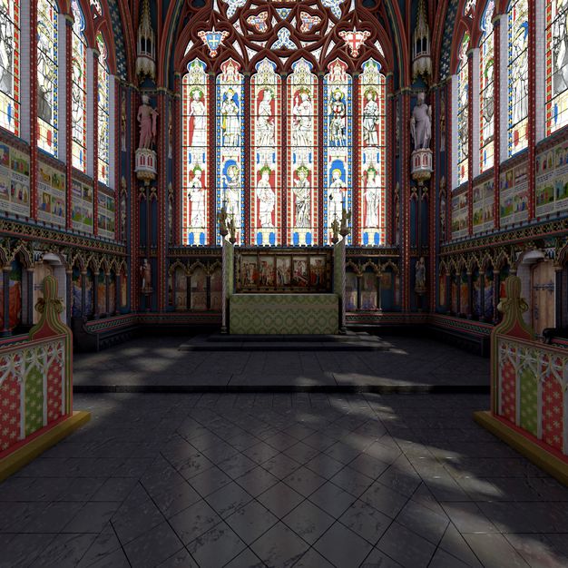 Digital visualization. The wall at the end of the space we occupy is filled, nearly floor to ceiling, with six bays of stained glass under a rose window. More coloured light pours in from windows along the walls. Nearly every surface is coloured red, blue, green, white, or gold.