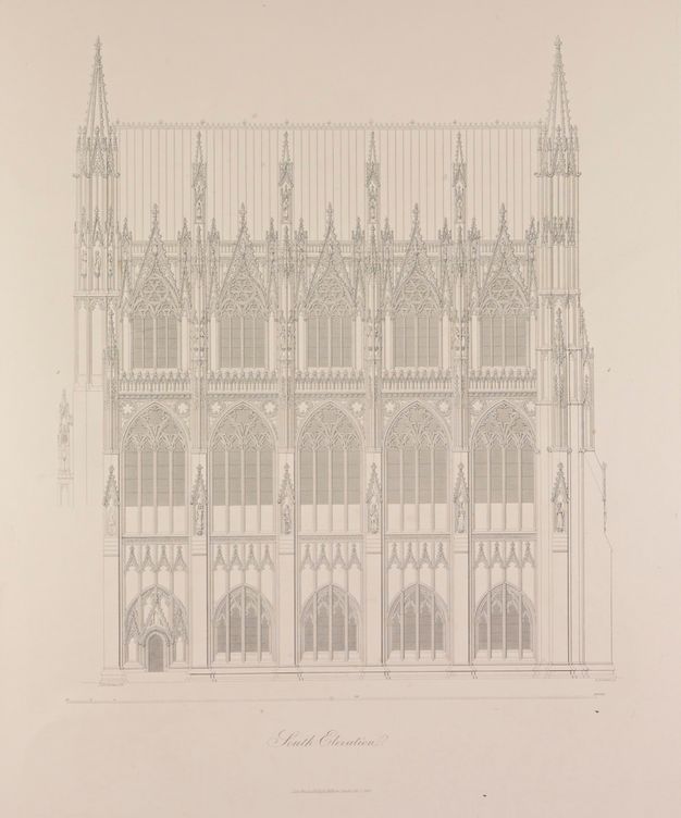 Illustration. The exterior elevation of a chapel is five bays long by three stories high, all encrusted with spires and stained glass that becomes more elaborate on the upper levels.