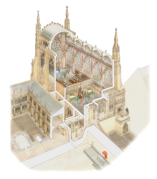 Drawing. We look down onto a hall-like chapel. The roof and corner of the structure closest to us has been removed so we see the five bays along the chapel’s length and the soaring windows.